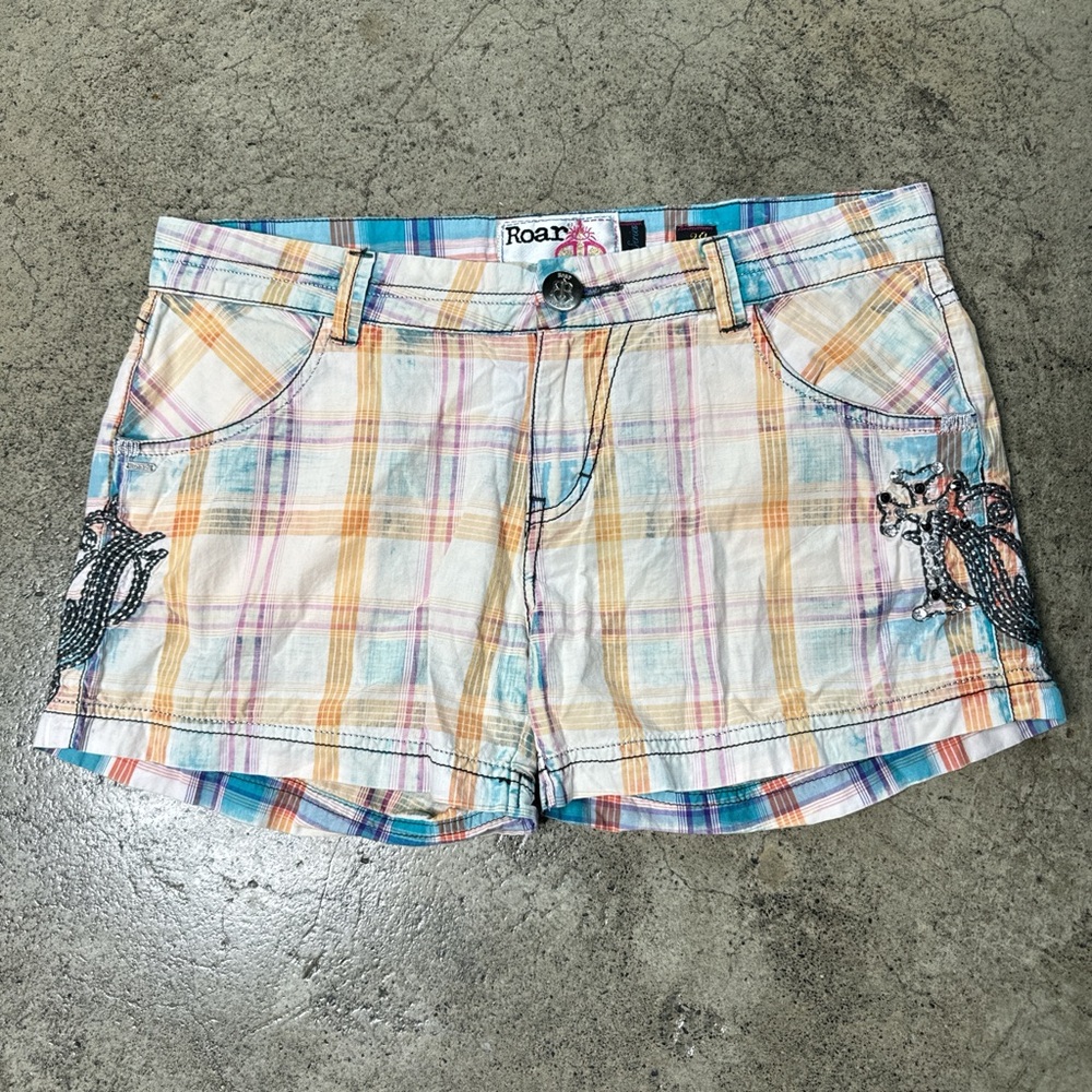 Y2K women’s roar shorts plaid with cyber designs and crystals size 29” low rise